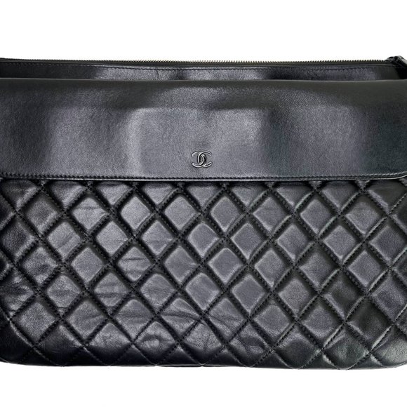 Chanel Black Leather Flap Quilted Large Clutch - Picture 1 of 5